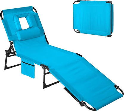 Tanning Chair with Face Hole Folding Beach Lounge Chair,5-Position Adjustable Backrest, Pillow & Side Pocket,Portable Face Down Chaise Lounge for Outdoor Backyard Poolside,Beach, Patio,Blue
