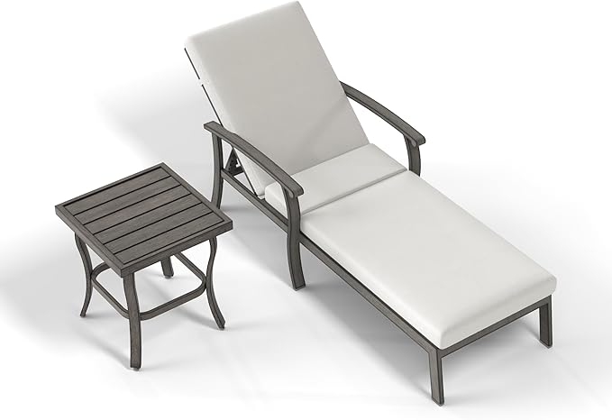 Chaise Lounge Chair Outdoor - 2 Pieces Patio Aluminum Chaise Lounge Chair Set with Side Table, Removable Cushion and Adjustable Reclining Positions for Outdoor Poolside Backyard