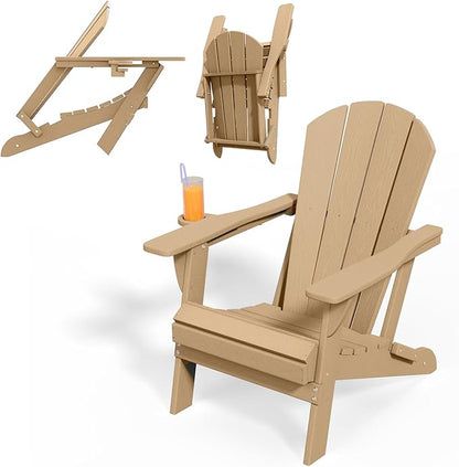 Folding Adirondack Chair with Cup Holders, HDPE Plastic Outdoor Chairs, Weather Resistant, Real Wood Look for Patio, Deck, Fire Pit, Backyard, Brown
