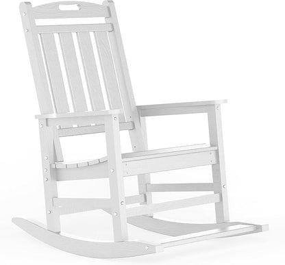 LOUNZY Outdoor Rocking Chair, HDPE Patio Rocking Chair with Footboard for Adults, All Weather Heavy Duty Front Porch Rocker, White