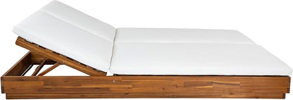Christopher Knight Home Toridan Double Chaise Lounge Outdoor with Cushion, Acacia Wood Patio Chaise Lounge Set of 2, Adjustable Backrest Poolside Sun Lounger, Wood Sunbathing Chair, Teak+White