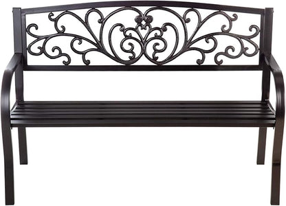 Evergreen Garden Weatherproof Outdoor Bench Blooming Garden | Holds Up to 300 lbs. | Furniture for Lawn Garden Patio Porch Park Deck | Steel | Black