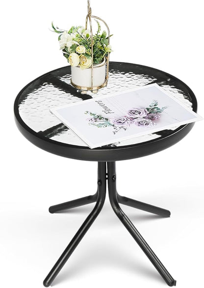 VINGLI Outdoor Side Table, 18" Patio Table Steel Frame Tempered Glass Top, Weatherproof Small Tables for Balcony Garden Poolside (Black, Round)