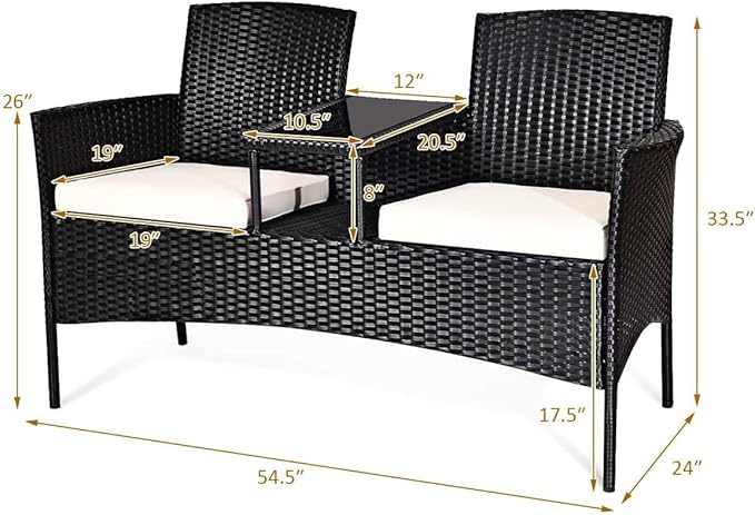 Outdoor Loveseat, 2 Seats Chair with Table, Cushions, Tempered Glass Tabletop, Wicker Patio Conversation Furniture Set - Photo 2