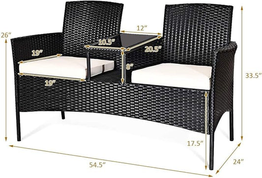 Outdoor Loveseat, 2 Seats Chair with Table, Cushions, Tempered Glass Tabletop, Wicker Patio Conversation Furniture Set, Modern Rattan Sofa for Garden Lawn Backyard (White)