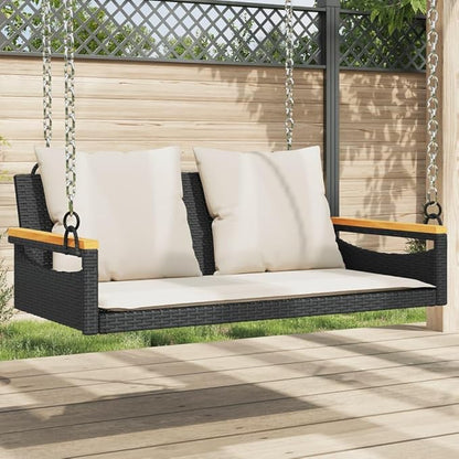 Outdoor Swing Bench, 2-Person Porch Swing with Weather-Resistant Poly Rattan, Removable Cushions, Sturdy Metal Frame for Garden, Patio, Balcony, Black
