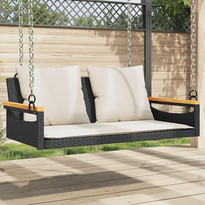 2-Seat Garden Swing Bench Black Poly Rattan 42.9 x 24.4 in Modern Outdoor Patio Furniture with Removable Cushions for Porch Balcony Backyard