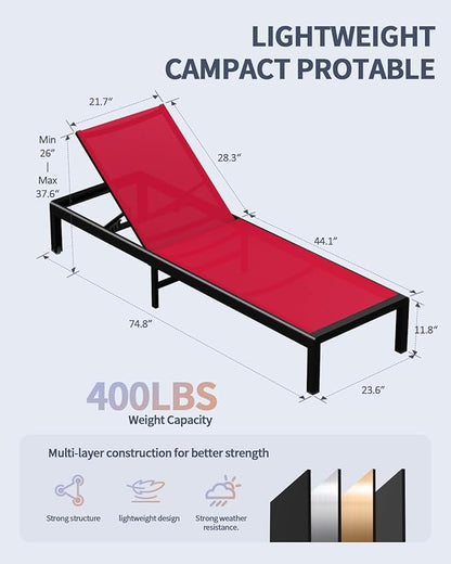 Aluminum Lounge Chairs Outdoor Chaise Furniture,2 Sets Patio Metal Deck Lounger Adjustable 5-Position Poolside Chase Recliner with Wheels for Beach,Coffee Table, (Red, 1 Chair)