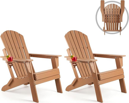 FUNBERRY Folding Adirondack Chair Set of 2, HDPE All Weather Fire Pit Chairs with Cup Holder for Outdoor