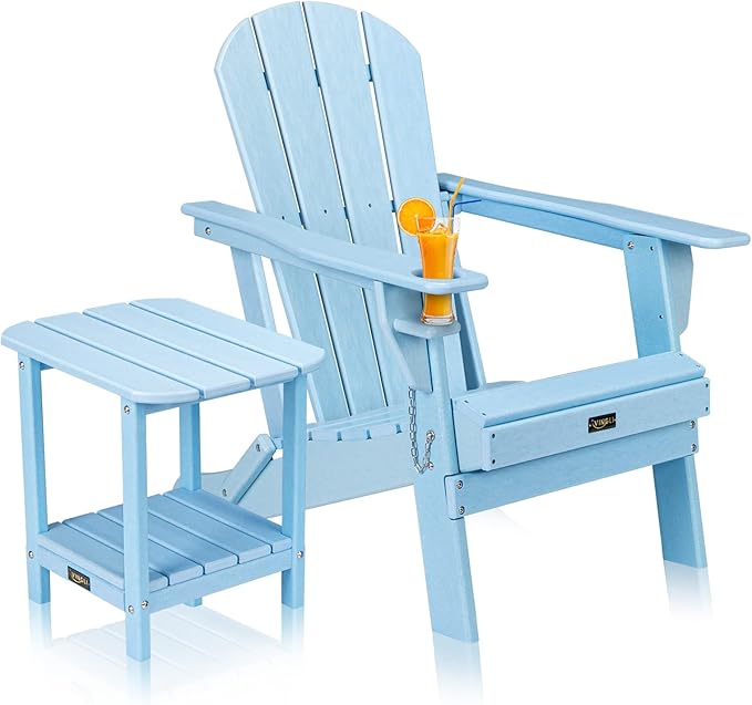 VINGLI Plastic Adirondack Chair with Table, Folding with Cup Holder, Waterproof HDPE Material, Comfortable 380lb Weight Capacity for Outdoor Pool Patio Lounge Chair Lawn Furniture Firepit (Blue)