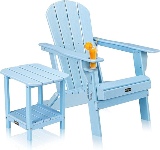 VINGLI Plastic Adirondack Chair with Table, Folding with Cup Holder, Waterproof HDPE Material, Comfortable 380lb Weight Capacity for Outdoor Pool Patio Lounge Chair Lawn Furniture Firepit (Blue)