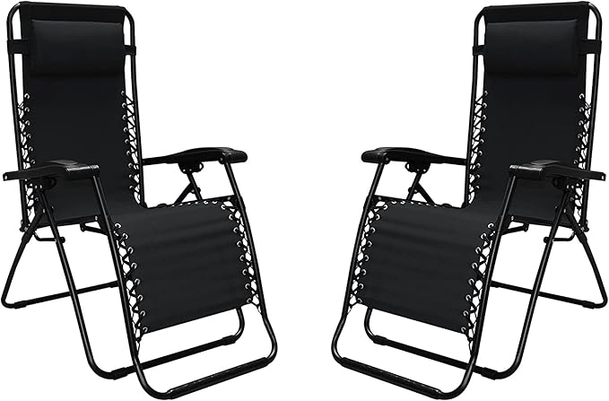 Caravan Sports Zero Gravity Outdoor Portable Folding Camping Lawn Deck Patio Lounge Chair with Adjustable Headrest, Black (Pair)