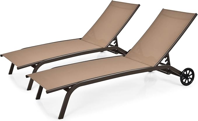 Tangkula Outdoor Chaise Lounge Chair, Patio Lounge Recliner with 6-Position Adjustable Backrest, Breathable Fabric and Smooth Wheels, Outdoor Lounge Chair (2, Brown)