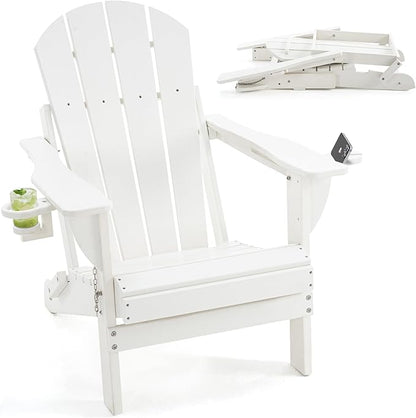 Folding Adirondack Chair, HDPE Outdoor Texture Lawn Chair with Reclining Back, Cup and Phone Holder - Comfortable Firepit Chair Weather Resistant for Patio or Backyard (White, Set of 1)