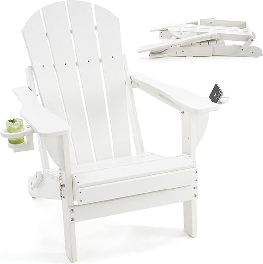 Folding Adirondack Chair, HDPE Outdoor Texture Lawn Chair with Reclining Back, Cup and Phone Holder - Comfortable Firepit Chair Weather Resistant for Patio or Backyard (White, Set of 1)