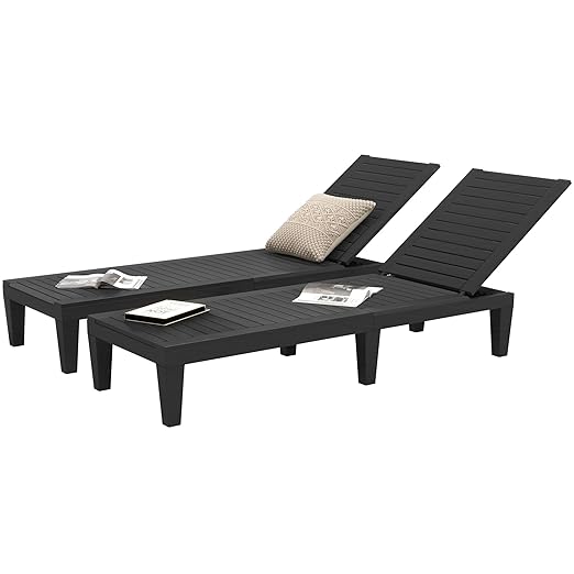 DWVO Outdoor Chaise Lounge, Pool Lounge Chair Set of 2 w/ 5-Level Backrest, Waterproof & Easy Assembly Patio Lounge Chair for Garden, Pool, and Beach (Black)