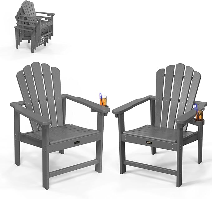 VINGLI Plastic Folding Adirondack Chair with Cup Holder, 100% Recyclable HDPE Material, Comfortable 380lb Weight Capacity for Outdoor Pool Patio Lounge Chair Lawn Furniture Fire Pit, 2 Pack,Gray