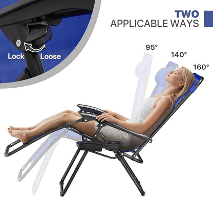 Magshion Folding Zero Gravity Chairs Set of 2, Outdoor Reclining Camping Chairs, Patio Lounge Recliners with Side Table & Cup Holder Tray, Blue