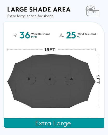 SERWALL HDPE Patio Furniture Set with 15FT Double Side Patio Umbrella, All Weather Wood-Like Outdoor Sofa Sectional Couch, Black Patio Furniture with Grey Cushions