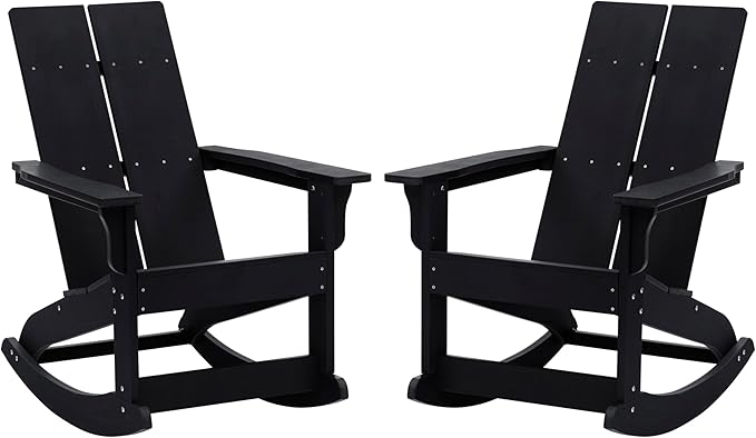 Flash Furniture Finn Modern Commercial Poly Resin Wood Adirondack Rocking Chair - All Weather Black Polystyrene - Dual Slat Back - Stainless Steel Hardware - Set of 2