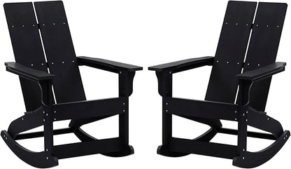 Taylor & Logan Finn Modern All-Weather 2-Slat Poly Resin Rocking Adirondack Chair with Rust Resistant Stainless Steel Hardware in Black - Set of2