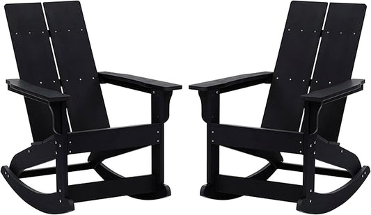 Taylor & Logan Finn Modern All-Weather 2-Slat Poly Resin Rocking Adirondack Chair with Rust Resistant Stainless Steel Hardware in Black - Set of2