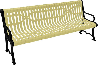 COATEDOUTDOORFURNITURE Coated Outdoor Furniture Heavy-Duty Outdoor Bench Thermoplastic Coated, Slated Steel, Commercial-Grade Garden Bench, Made in America (Portable with Back, 6 Ft, Textured Sand)