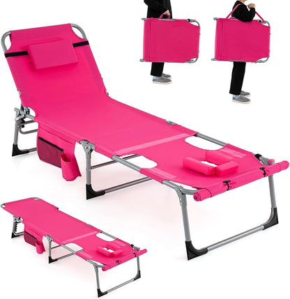 Giantex Tanning Chair, 330Lbs Patio Lounge Chair with 5 Adjustable Position, Face & Arm Hole, Hand/Shoulder Strap, Removable Pillow, Side Pocket, Chaise Lounger for Beach Sunbathing Outdoor, Pink