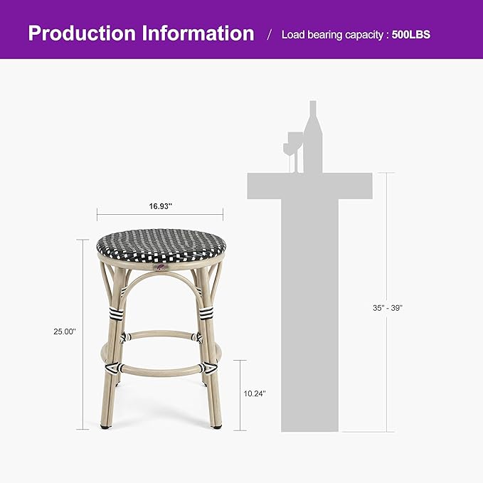 PURPLE LEAF Patio French Round Counter Stool Set of 2 Large Seat 26" Rattan Armless Stackable Barstools Rattan Wicker - Photo 3