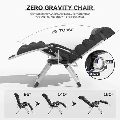 Zero Gravity Chair, Portable Outdoor Chair, Reclining Patio Lounge Chair with Adjustable Pillow and Cup Holder Trays for Outdoor, Patio, Beach, Camping, Garden, Poolside, Black