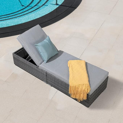 Patiorama Outdoor Patio Chaise Lounge Chair, Elegant Reclining Adjustable Pool Rattan Chaise Lounge Chair with Light Grey Cushion, Grey PE Wicker, Steel Frame