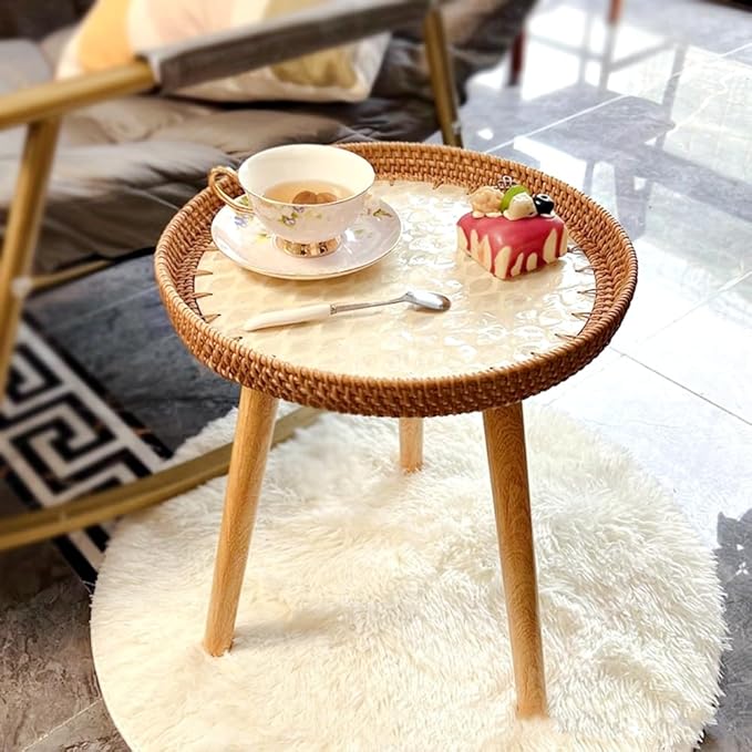 Small Rattan Side Table/Round Coffee Table for Small Spaces, Mini Modern Coffee Table with Shell Design Tray - Photo 4