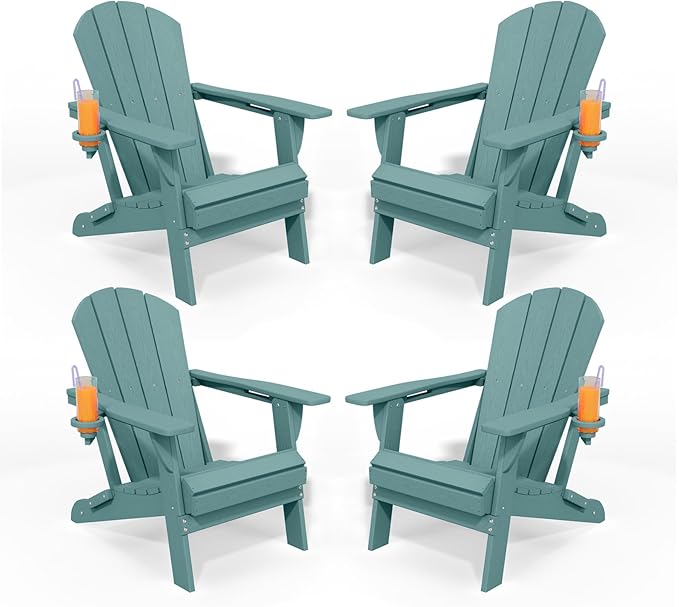 Folding Adirondack Chairs with Cup Holders, Set of 4 HDPE Plastic Outdoor Chairs, Weather Resistant, Real Wood Look, Heavy-Duty Patio Furniture for Deck, Fire Pit, Backyard, Aruba Blue