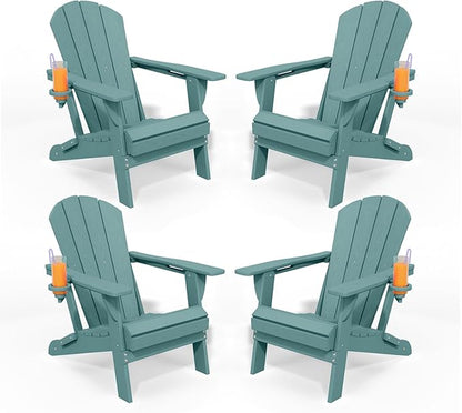 Folding Adirondack Chairs with Cup Holders, Set of 4 HDPE Plastic Outdoor Chairs, Weather Resistant, Real Wood Look, Heavy-Duty Patio Furniture for Deck, Fire Pit, Backyard, Aruba Blue