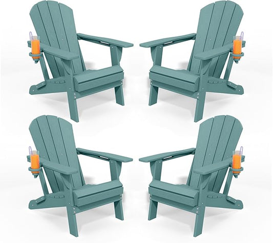 Folding Adirondack Chairs with Cup Holders, Set of 4 HDPE Plastic Outdoor Chairs, Weather Resistant, Real Wood Look, Heavy-Duty Patio Furniture for Deck, Fire Pit, Backyard, Aruba Blue