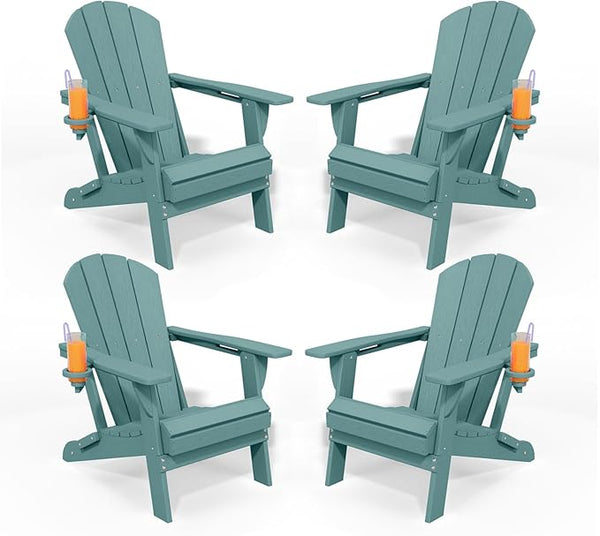 Folding Adirondack Chairs with Cup Holders, Set of 4 HDPE Plastic Outdoor Chairs, Weather Resistant, Real Wood Look - Photo 1