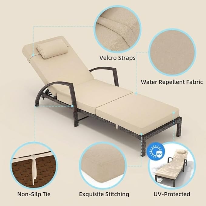 Outdoor Chaise Lounge Set of 2, 5-Position Adjustable PE Wicker Reclining Chairs with Wheels & 3.5" Cushions, 400 lbs Capacity All-Weather Patio Furniture for Poolside, Garden, Beach(Beige)