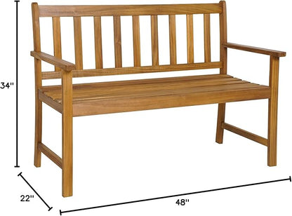 HAPPYGRILL Patio Wood Bench with Ergonomic Backrest & Armrests, 2-Person Outdoor Bench, All-Weather Acacia Wood Frame, Loveseat Outside Bench for Garden Balcony Poolside Porch Deck