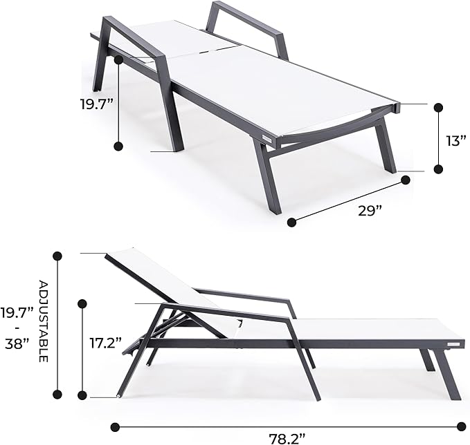 LeisureMod Marlin Patio Chaise Lounge Chair, Adjustable Outdoor Black Aluminum Lounge with Breathable Mesh Sling Back, Lightweight Poolside Reclining Sun Lounger Weather & UV Resistant (White)