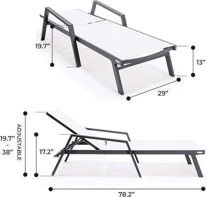 LeisureMod Marlin Patio Chaise Lounge Chair, Adjustable Outdoor Black Aluminum Lounge with Breathable Mesh Sling Back, Lightweight Poolside Reclining Sun Lounger Weather & UV Resistant (White)