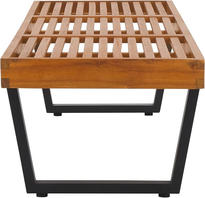 SAFAVIEH Outdoor Patio Furniture Collection – Heather Natural Brown Solid Wood Patio Bench with Black Steel Legs, 72-Inch Modern Outdoor Seating for Garden, Porch or Patio (PAT7327B)