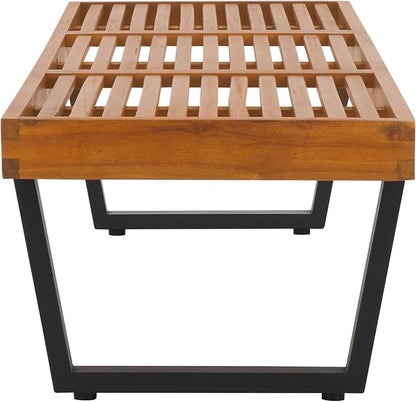 SAFAVIEH Outdoor Patio Furniture Collection – Heather Natural Brown Solid Wood Patio Bench with Black Steel Legs, 72-Inch Modern Outdoor Seating for Garden, Porch or Patio (PAT7327B)