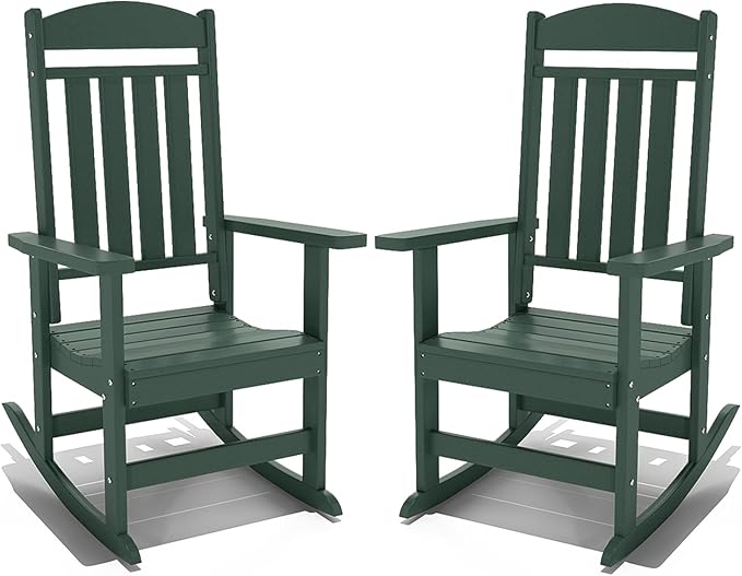 Outdoor Rocking Chairs Set of 2, Oversized High Back Patio Rocking Chairs, All Weather Porch Rocking Chairs for Outside. Dark Green