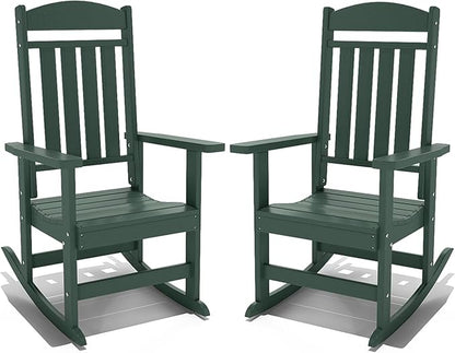 Outdoor Rocking Chairs Set of 2, Oversized High Back Patio Rocking Chairs, All Weather Porch Rocking Chairs for Outside. Dark Green
