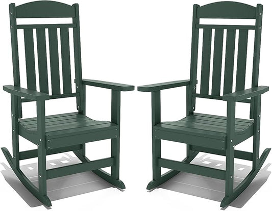 Outdoor Rocking Chairs Set of 2, Oversized High Back Patio Rocking Chairs, All Weather Porch Rocking Chairs for Outside. Dark Green