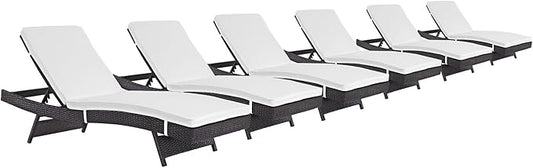 Modway Convene Wicker Rattan Outdoor Patio Chaise Lounge Chairs in Espresso White - Set of 6