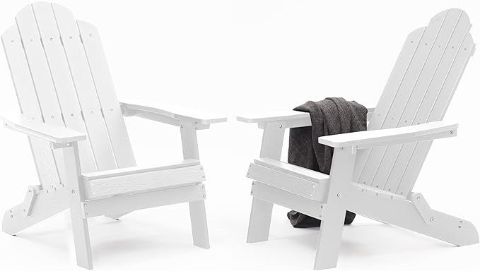 MXIMU Folding Adirondack Chair Set of 2 Weather Resistant Fire Pit Chairs Easy Assemble HIPS Plastic Outdoor Modern Adirondack Chairs for Patio, Lawn, Garden, Backyard, Deck(White)