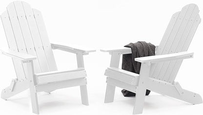 MXIMU Folding Adirondack Chair Set of 2 Weather Resistant Fire Pit Chairs Easy Assemble HIPS Plastic Outdoor Modern Adirondack Chairs for Patio, Lawn, Garden, Backyard, Deck(White)