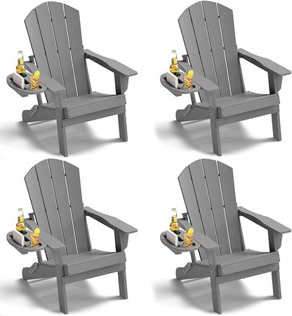 Adirondack Chair Set of 4, HDPE Folding Adirondack Chair with Multifunctional Cup Holder, Weather Resistant Fire Pit Chair for porches, patios, poolsides, Decks.