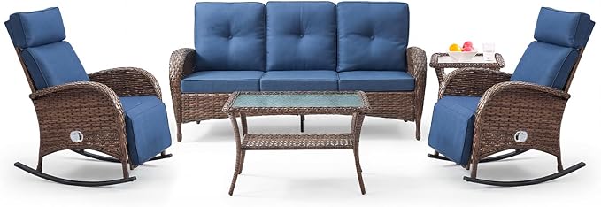 Belord Luxury 5 Piece Patio Furniture Set with Swivel Recliner Chair - Outdoor Recliner Chair with Adjustable Backrest & Footrest, Patio Conversation Set with Coffee Table for Pool Deck Garden Blue